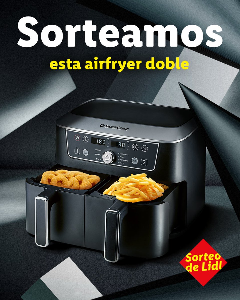 lidlespana's tweet photo. 🍟 SORTEAMOS ESTA FREIDORA DOBLE 🍟

Si una freidora de aire ya da juego, imagínate una con dos zonas independientes. En esta puedes preparar dos platos diferentes y hacer que estén listos al mismo tiempo. Y lo mejor es que… ¡puede ser tuya!

⁣Participa así:

1️⃣ Sigue a @lidlespana⁣
2️⃣ Comenta qué dos platos cocinarías a la vez 
3️⃣ Usa el hashtag #LaFreidoraDeLidl

🔗 Consulta las BBLL's en el siguiente enlace: https://t.co/yhtqFEq6dm
