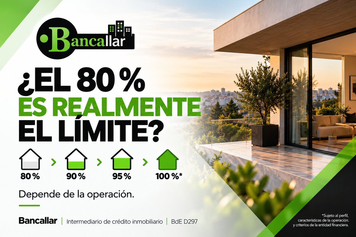 Bancallar's tweet photo. El 80 % no siempre es el límite.
Algunas entidades pueden estudiar financiaciones superiores según el perfil y la operación.
¿Tu banco no te ofrece la financiación que necesitas? Cuéntanos tu caso.
https://t.co/KVc7Ol7aK8 https://t.co/s8I8TNw7jO