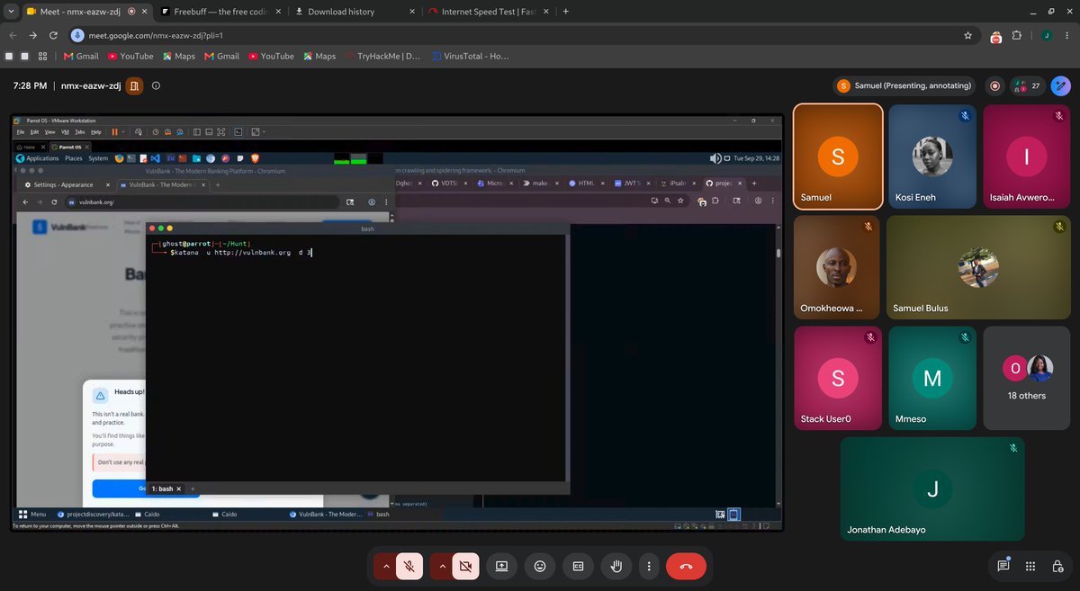 APIsecUNigeria's tweet photo. 🛡️ Yesterday's #TechnicalTuesdays was a live one.

@Dghost_Ninja walked us through real recon-to-exploitation on VulnBank. Katana for crawling, httpx for recon, Caido for intercepting traffic. Everyone watched findings happened in real time.

Next up: OSCP in Practice, Oct 6. https://t.co/UfHBkayfYm