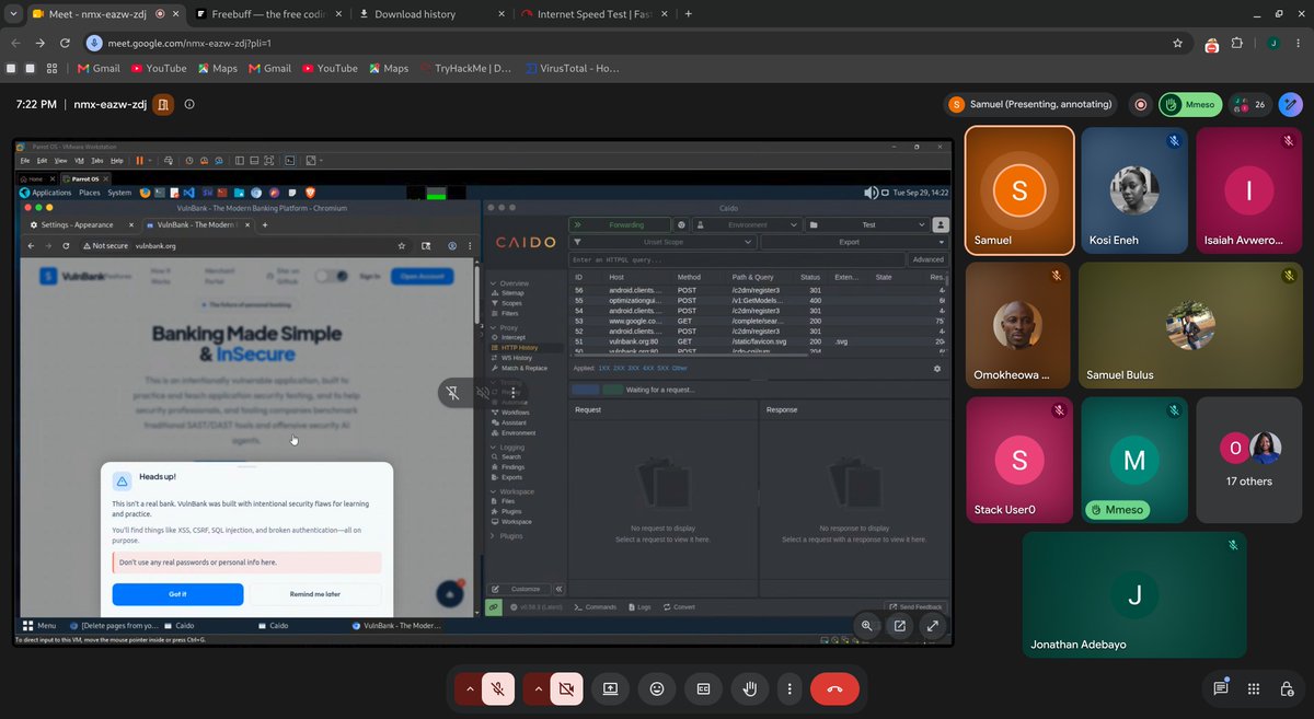 APIsecUNigeria's tweet photo. 🛡️ Yesterday's #TechnicalTuesdays was a live one.

@Dghost_Ninja walked us through real recon-to-exploitation on VulnBank. Katana for crawling, httpx for recon, Caido for intercepting traffic. Everyone watched findings happened in real time.

Next up: OSCP in Practice, Oct 6. https://t.co/UfHBkayfYm