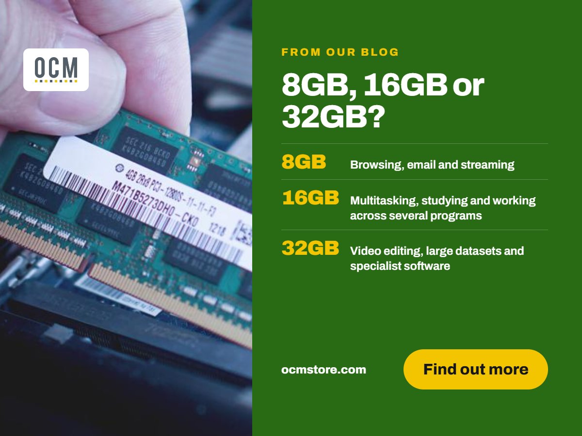 OCM_IT_Disposal's tweet photo. 8GB, 16GB or 32GB? ♻️ Have a read: https://t.co/Q7gZPZbAGc #RefurbishedLaptops #TechBuyingGuide #SustainableTech #LaptopRAM #OCMStore #RAM https://t.co/x8QtKTx1jn