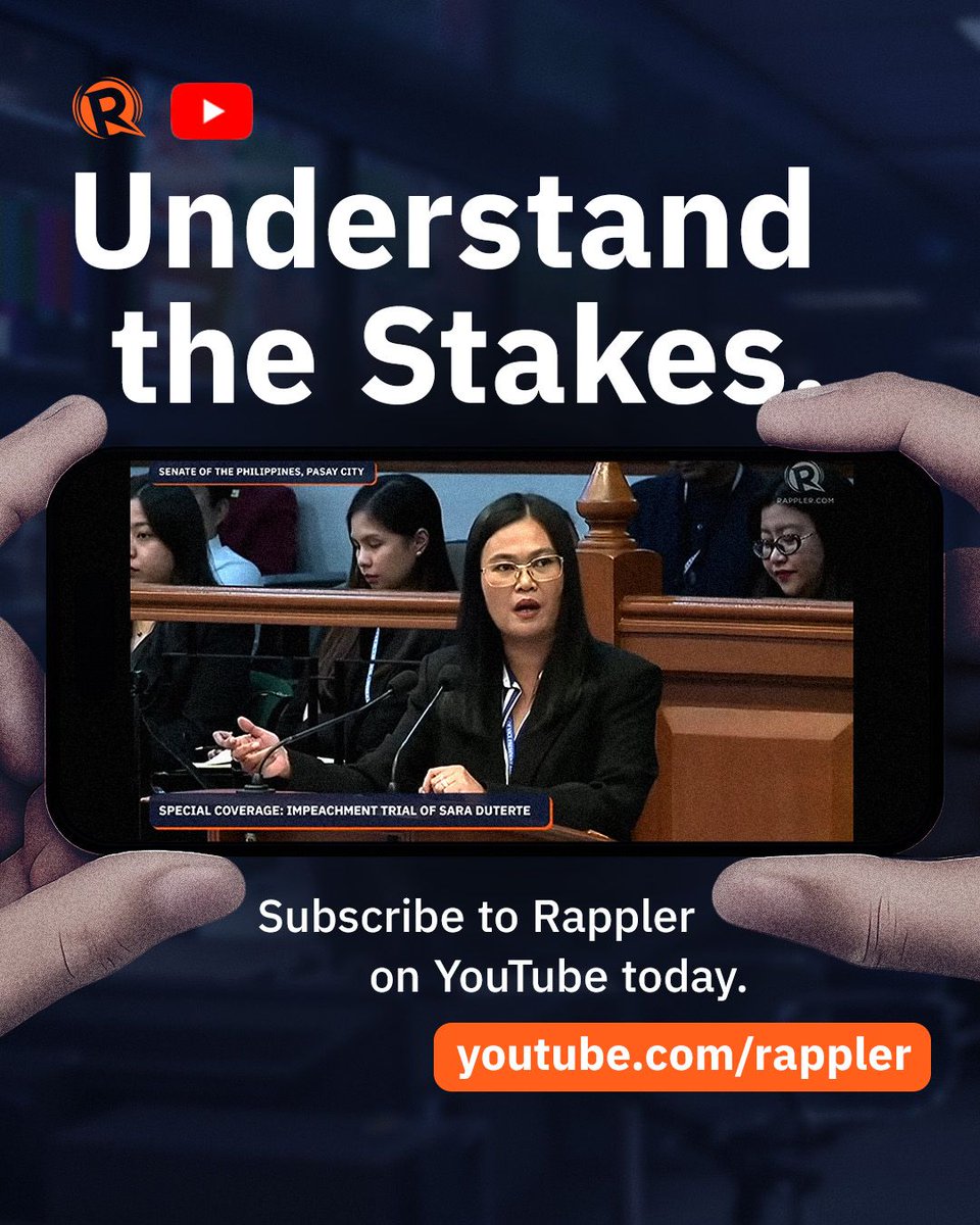 rapplerdotcom's tweet photo. Every hearing shapes a bigger story. 

Beyond the headlines are the legal arguments, political implications and questions on accountability that could influence the country's future. Whether you're catching up between meetings or watching live, Rappler brings you the context behind every development.