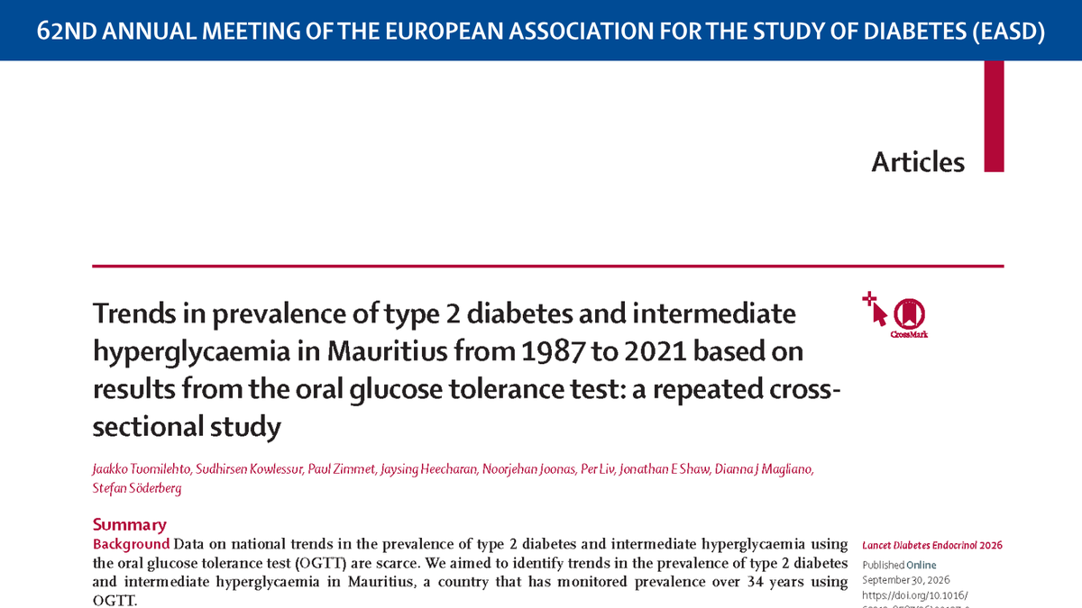 TheLancet's tweet photo. Presented at #EASD2026—Mauritius is the first country to show a decreasing prevalence of diabetes and intermediate hyperglycaemia over time, using the objective, gold standard OGTT-based diagnostic criteria recommended by WHO. More in The Lancet Diabetes & Endocrinology: https://t.co/YrWo7z2VzG #EASD2026
