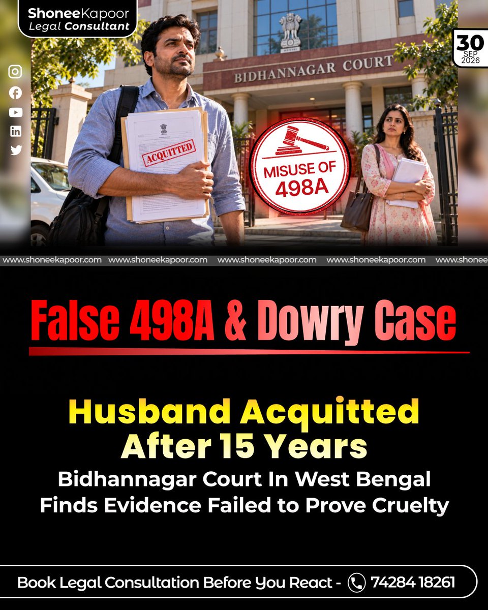 ShoneeKapoor's tweet photo. Husband Acquitted After 15 Years In 498A Case As Court Finds Evidence Failed To Prove Cruelty.

FIR in 2010. Acquittal in 2025. Nearly 15 years of a man’s life spent facing Sections 498A and 406 IPC.

The court ultimately found the prosecution could not prove the charges beyond reasonable doubt.

An acquittal closes the case. It does not return the years an accused man spent fighting it.  

TO READ EXACTLY WHAT THE COURT SAID AND DOWNLOAD THE ORDER COPY, CLICK HERE:👇
https://t.co/vUru1BJX76

#498A #MensRights #JusticeDelayed #MenToo