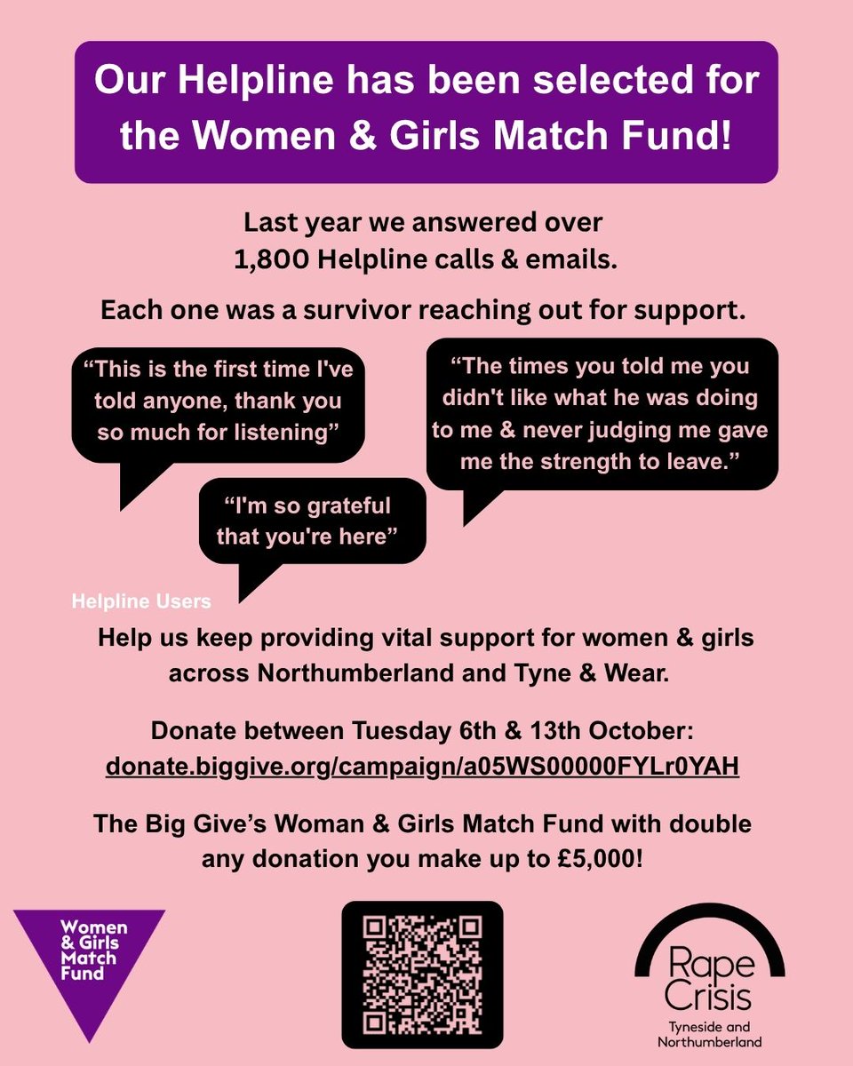 VCNewcastle's tweet photo. The Big Give is coming… 

From 6 - 13 October, donations to Rape Crisis Tyneside and Northumberland through the Big Give will be doubled, helping us raise vital funds for our specialist support for women and girls affected by sexual violence. 

https://t.co/hu1JmBDTCJ https://t.co/Ld69LEOJm5