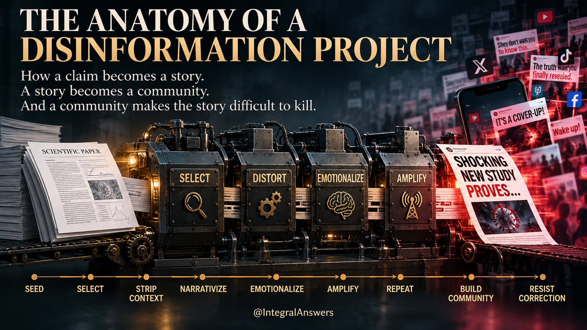 IntegralAnswers's tweet photo. THE ANATOMY OF A DISINFORMATION PROJECT

How does a questionable claim become something thousands—or millions—of people believe?

Usually not by dropping one enormous lie onto the internet.

The more interesting process is incremental:

Seed → Select → Strip Context → Narrativize → Emotionalize → Amplify → Repeat → Build Community → Resist Correction

Let’s dissect the machinery. 🧵
