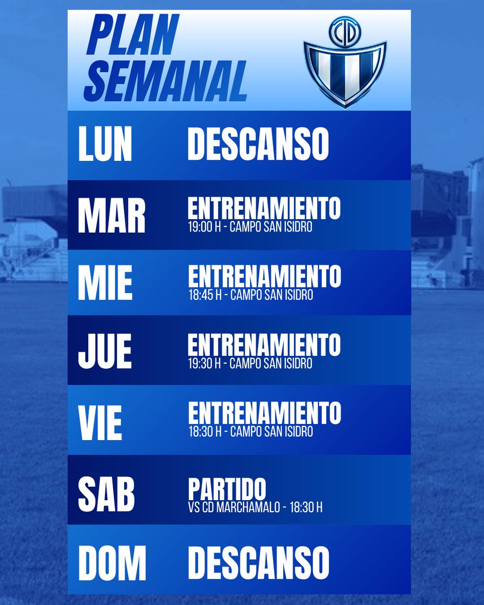 CDTarancon's tweet photo. 💙🤍 PLAN SEMANAL | CD TARANCÓN 🤍💙
💪 Nueva semana, nuevo objetivo.
⚽ Trabajo y preparación para nuestro próximo reto.
🏆 SÁB | 🆚 CD Marchamalo | 18:30 H
⚔️ Una semana más para trabajar. Un objetivo más por conquistar.
💙 ¡Vamos, Tarancón! 💙
#VamosTarancon #OrgulloCDT https://t.co/SalOWBhFA2
