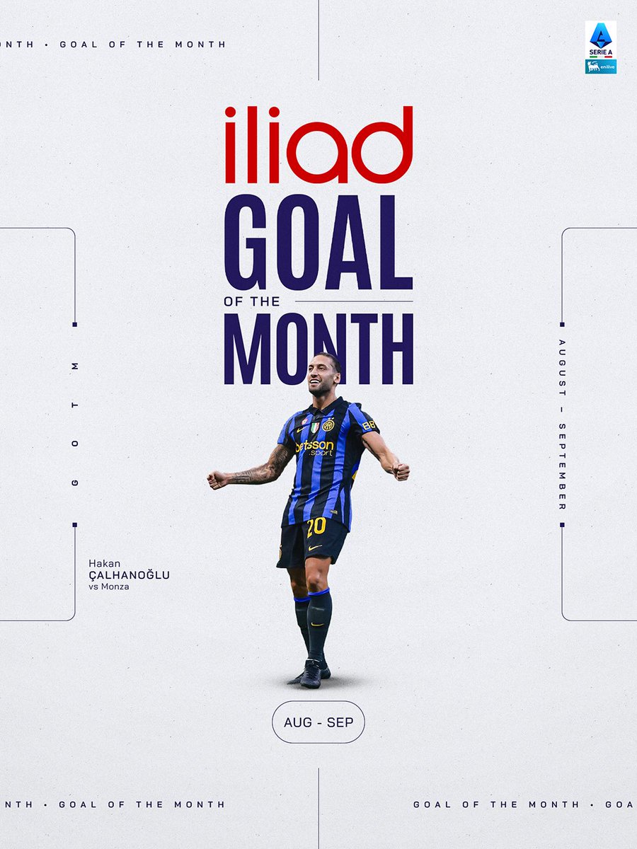 SerieA's tweet photo. Il gol di Çalhanoğlu contro il Monza è stato votato da voi come gol del mese (Agosto/Settembre) ✨
#SerieAEnilive https://t.co/yKI5Uu5yry