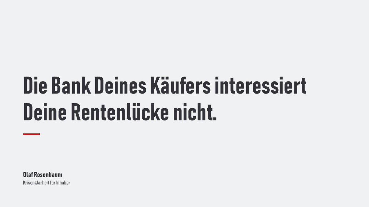 orosenbaum's tweet photo. Die Bank Deines Käufers interessiert Deine Rentenlücke nicht.

Sie rechnet nur, ob der Betrieb den Kaufpreis trägt:
1. Gewinn minus Steuern
2. minus Lebensunterhalt des Käufers
3. minus Zins und Tilgung
4. Rest: Rücklage

Geht das nicht auf, ist Dein Wunschpreis eine Fantasie. https://t.co/olUS1is1Y9