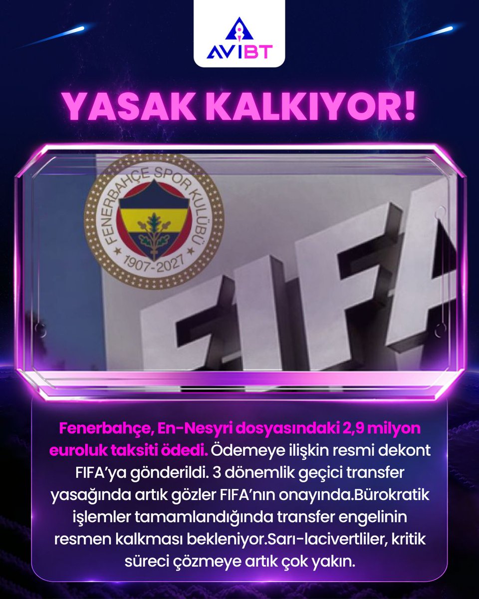 avibetofficial's tweet photo. YASAK KALKIYOR! 💜

Fenerbahçe, En-Nesyri dosyasındaki 2,9 milyon euroluk ödemeyi yapıp dekontu FIFA’ya gönderdi. 🔮 

3 dönemlik yasağın kalkması için artık tek beklenti FIFA'nın resmi onayı. 🟪 https://t.co/JR7LpNQnKd