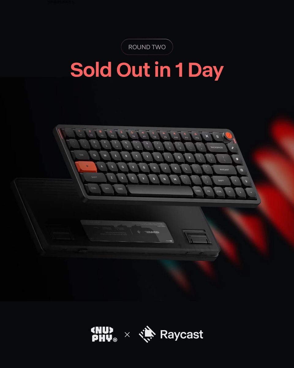 nuphystudio's tweet photo. Round two, sold out.

The second and final batch of the NuPhy × Raycast Air75 V3 is gone. No further restocks.

To everyone who picked one up or cheered us on—thank you for making this collab so special.

#nuphy #raycast https://t.co/6lUVj5oDAp