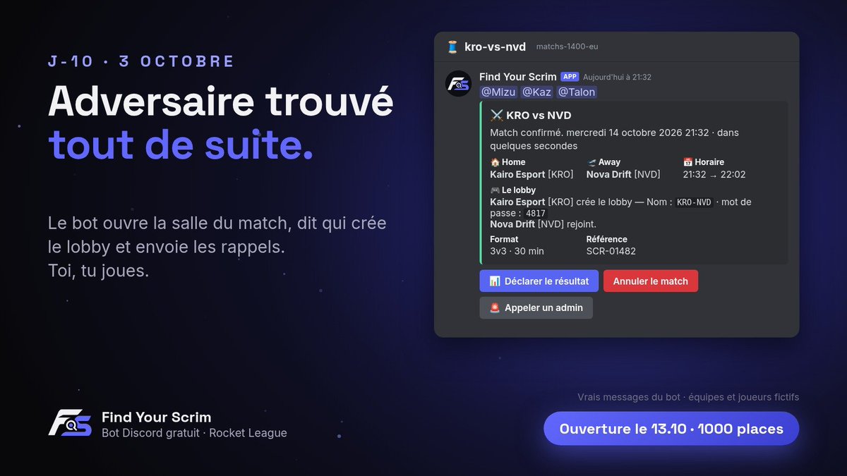 FindYourScrim's tweet photo. Adversaire trouvé tout de suite. ⚔️

Le bot ouvre la salle du match, dit qui crée le lobby, envoie les rappels. Toi, tu n'as plus qu'à jouer.

13 octobre 2026

#RocketLeague #Esport https://t.co/IHSvHXEuI5