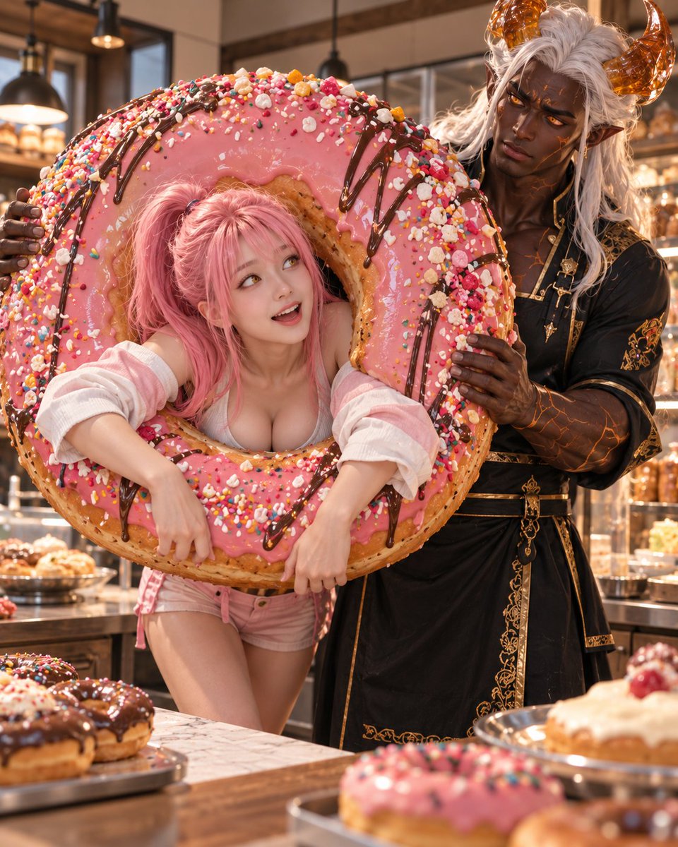 AikoLinLab's tweet photo. 🧪 EXPERIMENT #162

💗 Mei: “Mordelis… I think I’m stuck.”

🤎 Mordelis: “You were supposed to EAT the donut, Mei.”

💗 Mei: “I found a faster method.” 🍩😂

#AikosLab #MeiChen #Mordelis #AikoWorld #AIArt #Comedy https://t.co/i14v7ToEPl