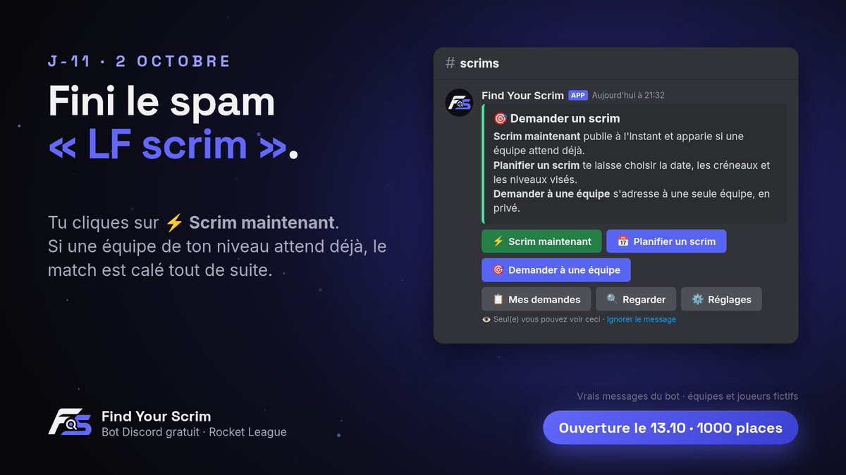 FindYourScrim's tweet photo. Fini le spam « LF scrim » 😮‍💨

Sur Find Your Scrim, tu cliques sur ⚡ Scrim maintenant : si une équipe de ton niveau attend déjà, le match est calé tout de suite.

Ouverture le 13/10

#RocketLeague #Scrim https://t.co/4byznJ1Idu
