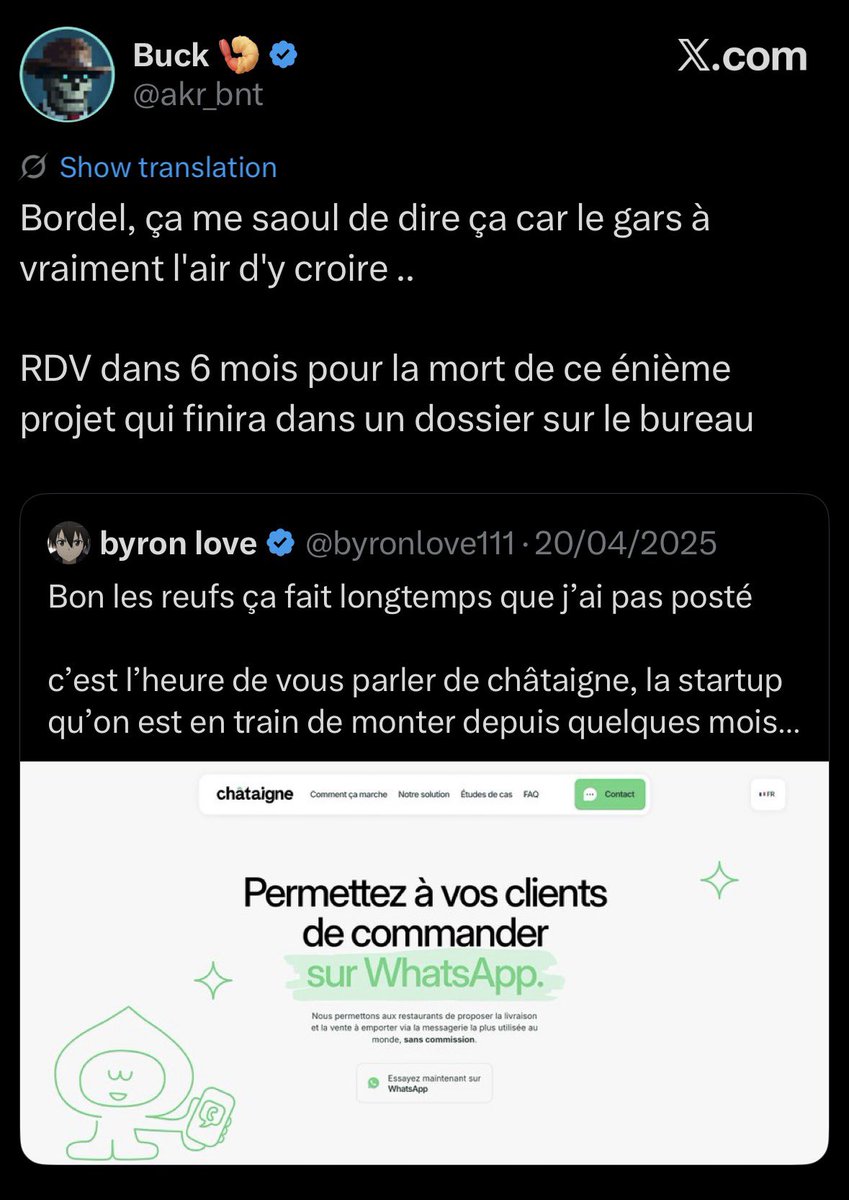 byronlove111's tweet photo. Depuis ce tweet chataigne(.ai) a signé des enseignes comme Tasty Crousty, Chicken Street et PB Poulet Braisé pour plus d’une centaines de restaurants physique en France et en Suisse et je suis sur que c’est que le début

Je bosse plus avec eux et le mérite de ce qu’il se passe actuellement me revient pas du tout

mais j’espère que ca montrera a ceux qui veulent monter une startup qu’écouter les avis de Twitter ca sert a rien, ils y connaissent rien la plupart du temps

j’suis content pour eux que ca décolle a ce point, donnez leur la visibilité a eux 

la founding team // @NoeZaabi @ubernion @conjibz 👏👏
