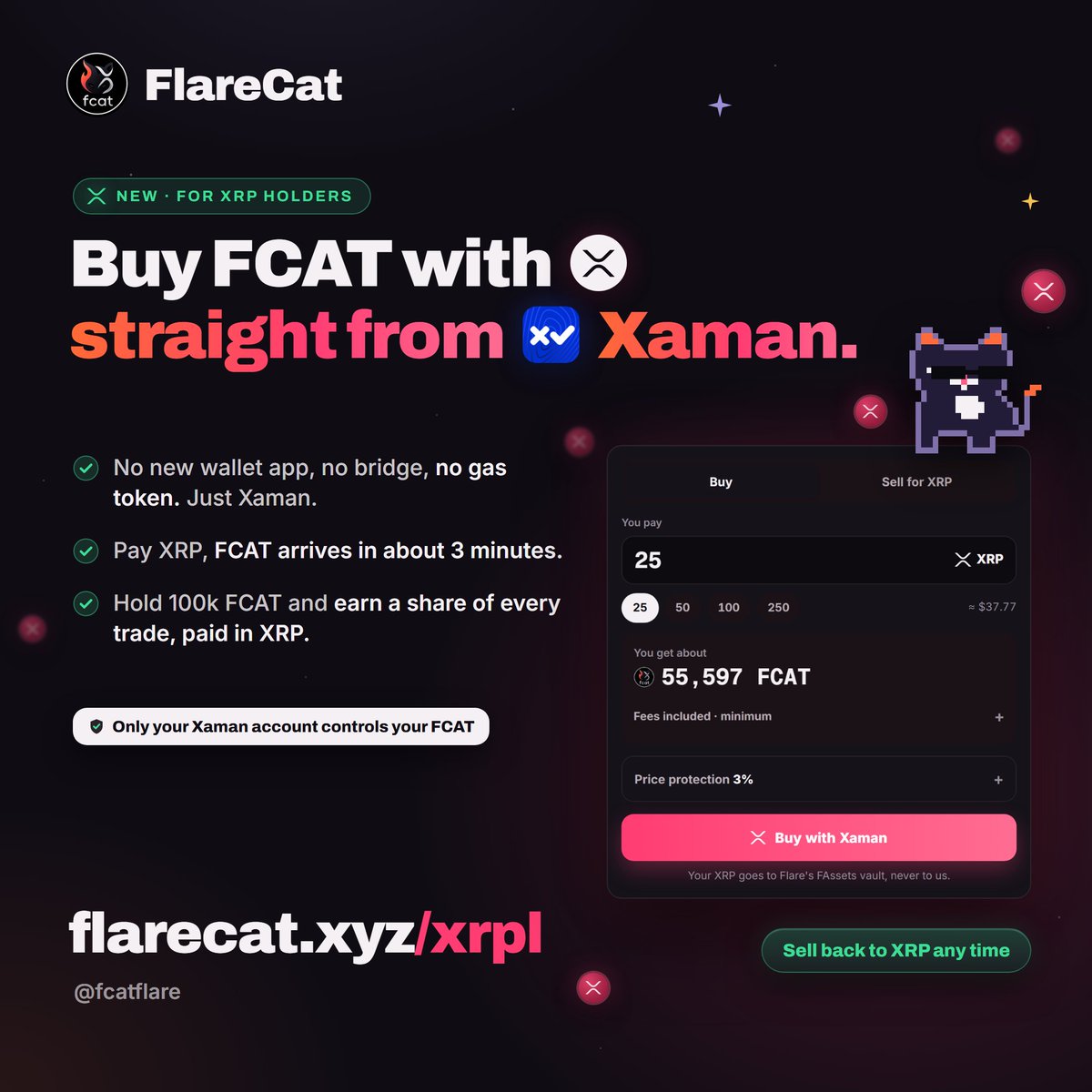 fcatflare's tweet photo. XRP holders, you can now buy FCAT straight from Xaman. 🐈

No new wallet app. No bridge. No gas token.
Pay XRP, FCAT lands in about 3 minutes. Sell back to XRP anytime.

Hold 100k FCAT and earn a share of every trade, paid in XRP.

Built on @FlareNetworks Smart Accounts
https://t.co/q9miIJ0o2D