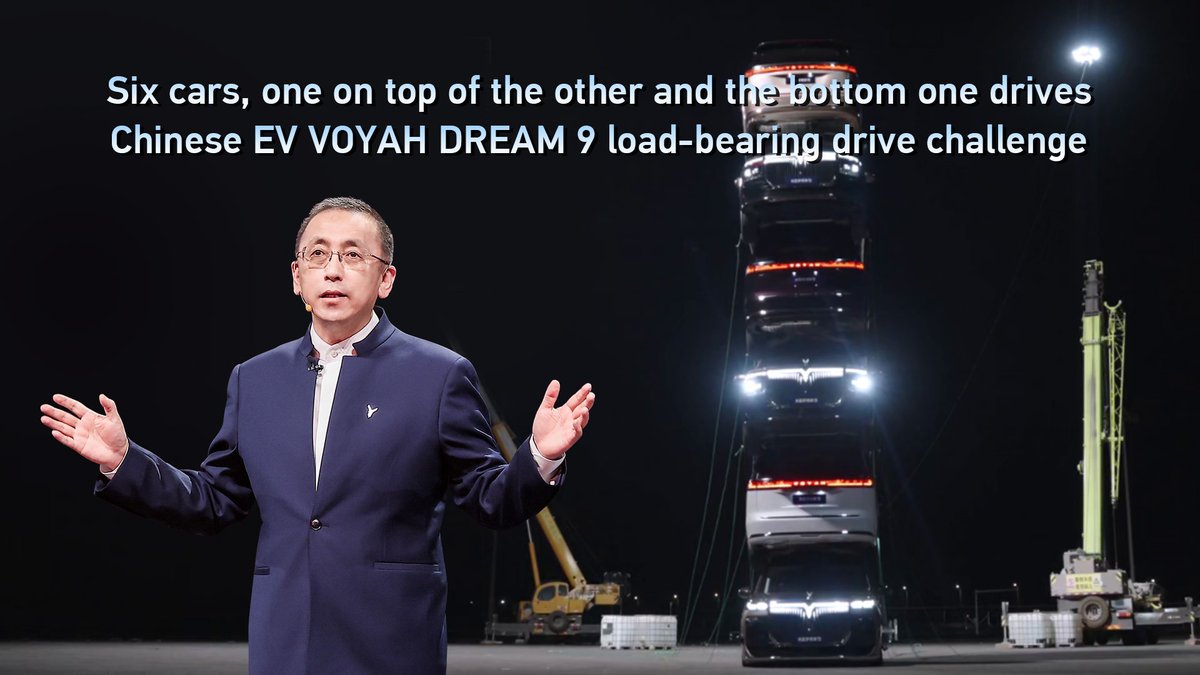 A man in a navy blazer stands in front of a tower of six stacked cars, with text reading 'Six cars, one on top of the other and the bottom one drives Chinese EV VOYAH DREAM 9 load-bearing drive challenge.'