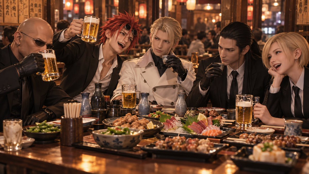 25417jack's tweet photo. 仕事終わり
＃ルーファス神羅　＃タークス　＃レノ　＃イリーナ　＃ツォン　＃ルード　＃AIイラストㅤㅤ ＃FF7R https://t.co/XweKWp9BBq