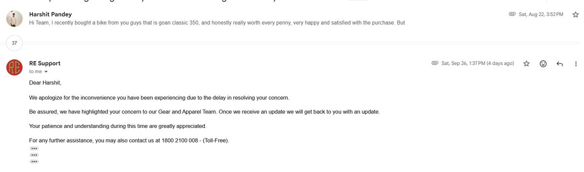 harshhit__'s tweet photo. Starting from 22 august, till today I have this update from @royalenfield , cant believe I had to expect this from Royal enfield, and that too for just simple pair of gloves that are genuinely not defective, shared the proof that my fingers are swelling what else do they need!! https://t.co/QCBxYtXTbN