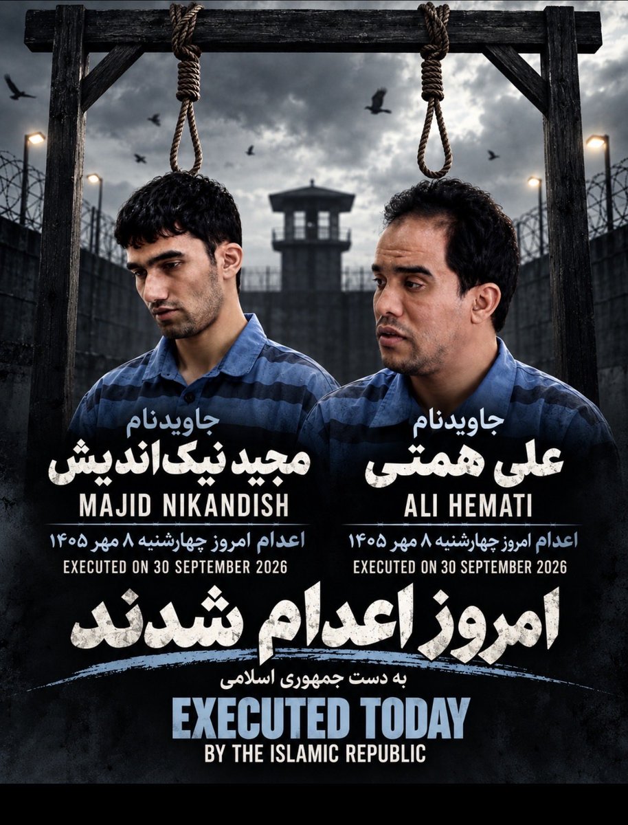 ARoohi99291's tweet photo. Majid Nikandish and Ali Hemati were executed today in Iran.
Two lives ended. Two families left grieving. Their names must not disappear in silence.

#StopExecutions #HumanRights https://t.co/iRkmb4b809