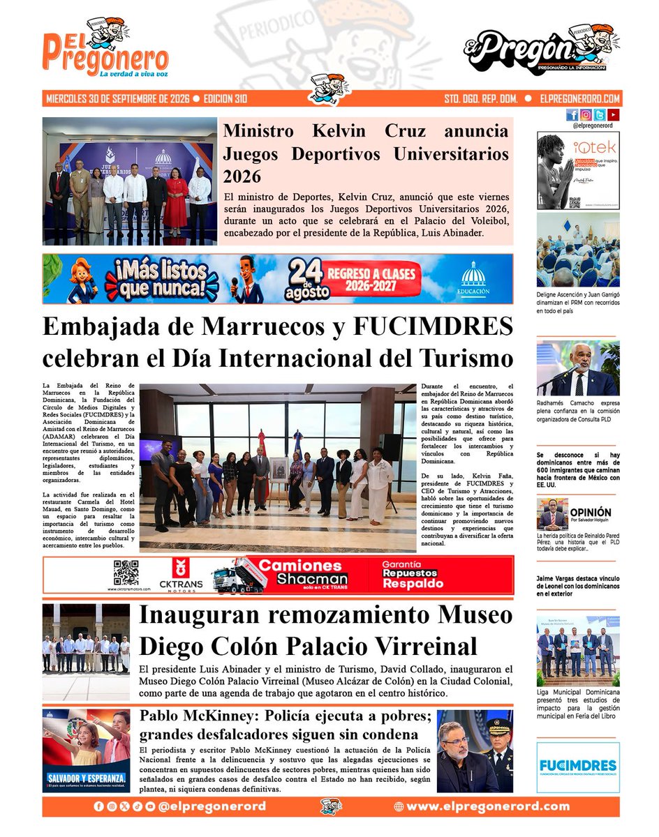 ElPregoneroRD's tweet photo. Esta es la portada de El Pregón y El Pregonero de este miércoles 30 de septiembre de 2026.
https://t.co/cZhFm4I7ho
#ElPregoneroRD
#ElPregon
#Portada
#portadadeldía
#portadadehoy https://t.co/Znf9po5Jbt
