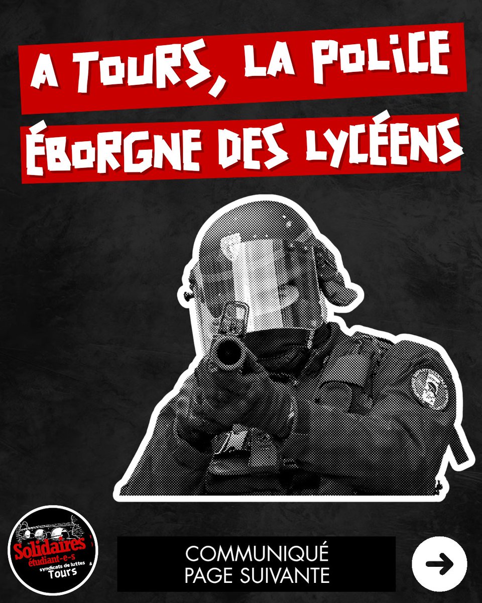 SolidairesEtu's tweet photo. Lycéen éborgné à Tours

Communiqué de notre syndicat présent sur place

#lapolicetue #Tours #acab https://t.co/YTFSKyBI12