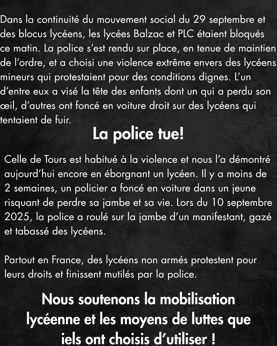 SolidairesEtu's tweet photo. Lycéen éborgné à Tours

Communiqué de notre syndicat présent sur place

#lapolicetue #Tours #acab https://t.co/YTFSKyBI12