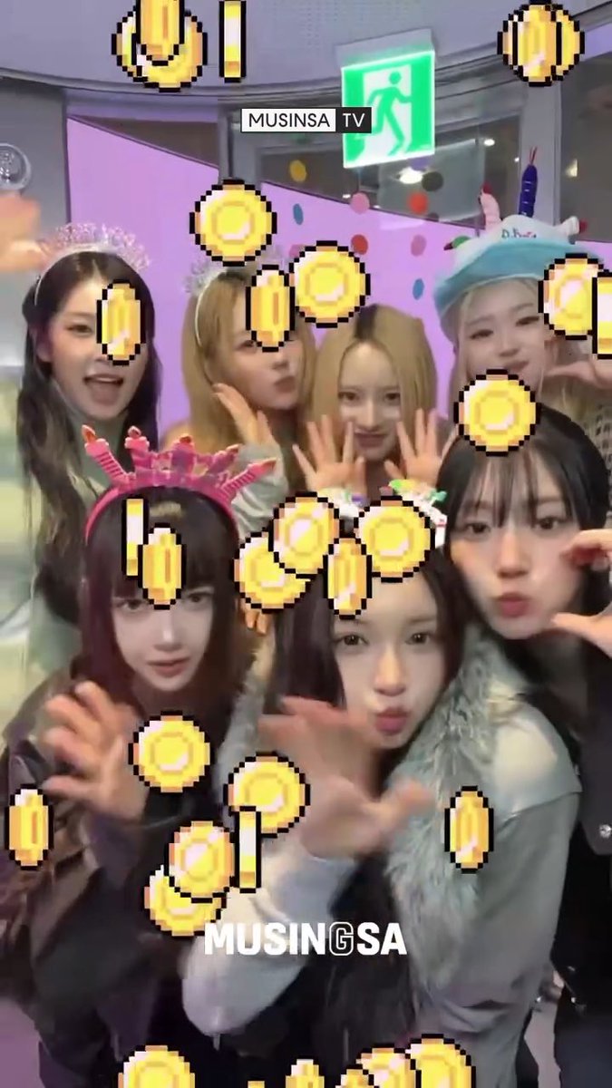 A group of young women wearing party accessories pose together in a festive setting branded with 'MUSINGSA' and 'MUSINSA TV,' surrounded by falling pixelated coin animations.