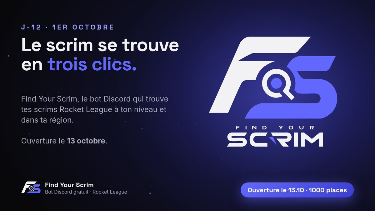 FindYourScrim's tweet photo. Le scrim se trouve en trois clics. 🎯

Find Your Scrim, c'est le bot Discord qui te trouve des scrims Rocket League à ton niveau et dans ta région.

Ouverture le 13 octobre. Seulement 1000 places Pionnier.

#RocketLeague #Esport #Scrims https://t.co/sLFgIsZT5i