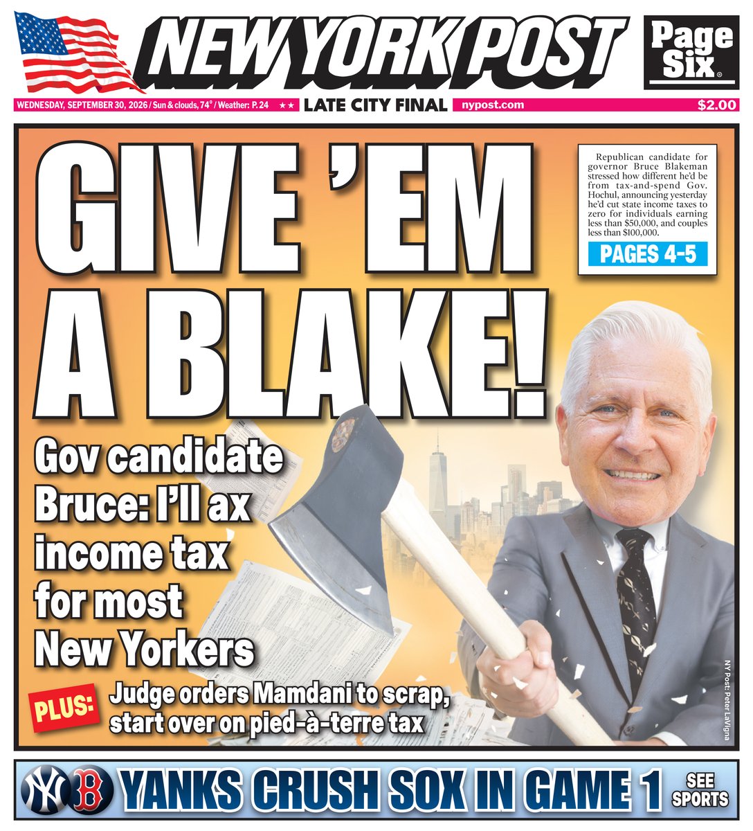 nypost's tweet photo. Bruce Blakeman unveils plan to effectively wipe out NY income taxes for many households. Read today's cover here: https://t.co/OVOnLiZoX9 https://t.co/Ef2yeKvrPF