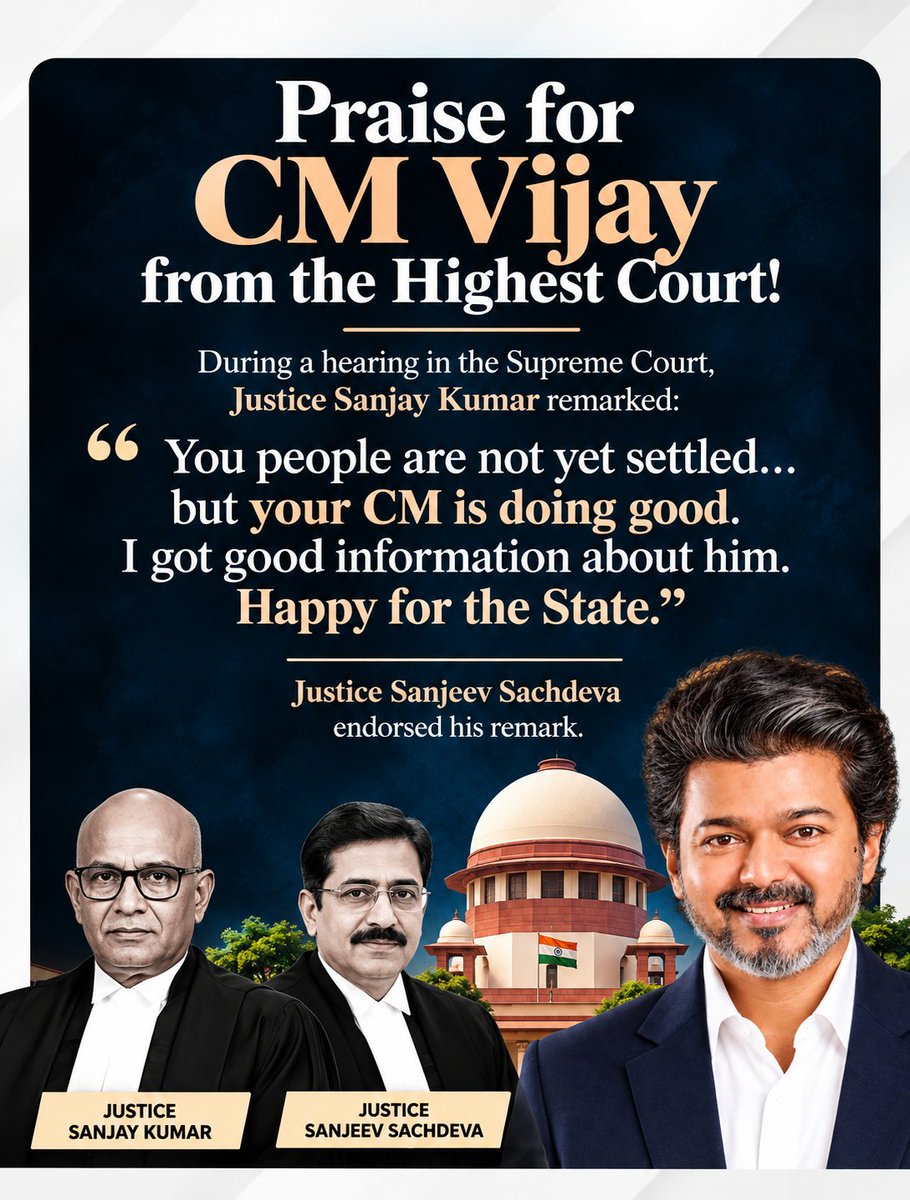 georgeviews's tweet photo. Direct praise for a state leadership from the Supreme Court bench is exceptionally rare. 

National validation for our @CMOTamilnadu Vijay  🔥 https://t.co/uMLRHaJ6KF
