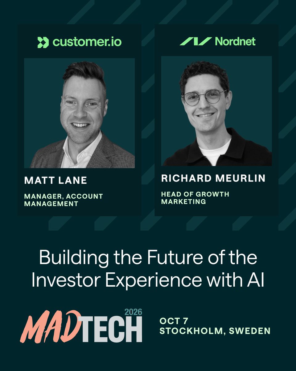 CustomerIO's tweet photo. See you soon, Stockholm! Our team will be at MadTech 2026 on October 7th.

Make sure to attend our session with Matt Lane, Manager, Account Management here at https://t.co/frLEWgiP92, and Richard Meurlin, Head of Growth Marketing at Nordnet Bank AB. 

They'll share what it takes to turn AI-powered personalization into meaningful, lasting engagement.