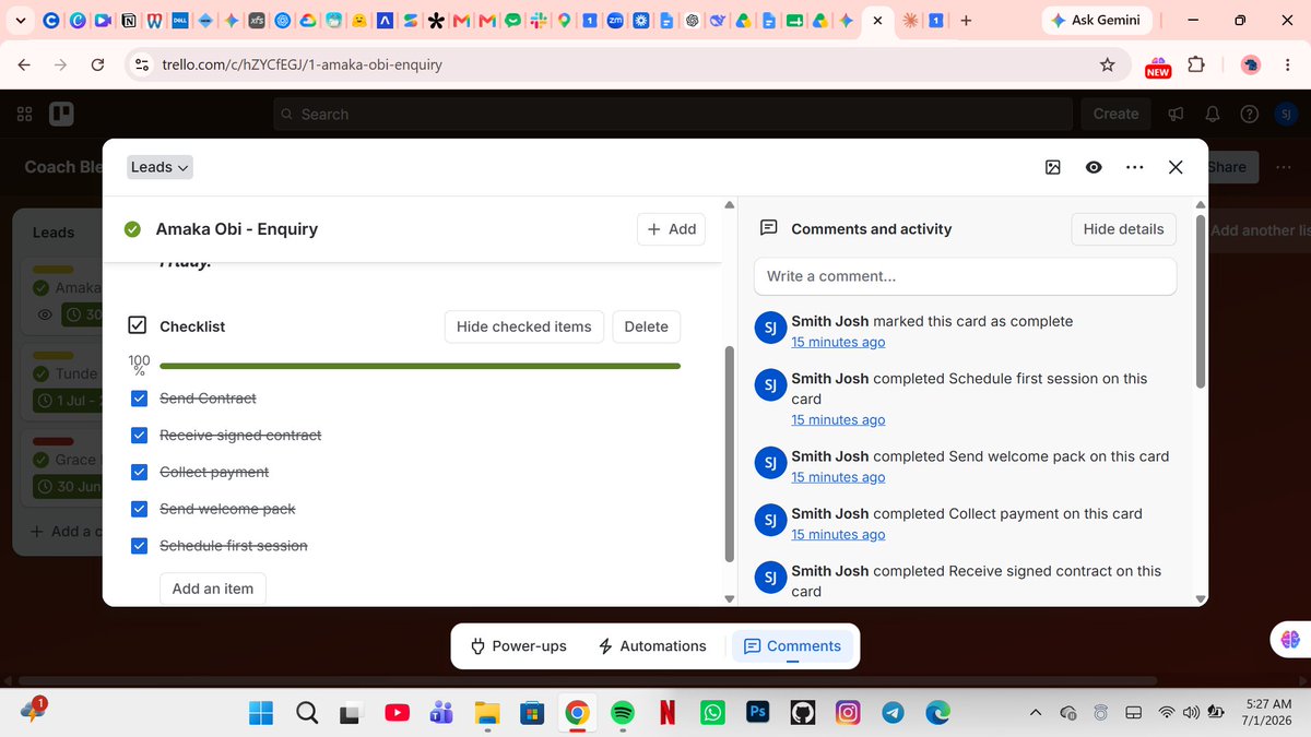 ChrisJoshua_VA's tweet photo. Sample project: a client pipeline board for a coaching business.
Most coaches lose leads after the first message. Fix: every enquiry gets a card with a next action and date.
Want me to set one up for you? DM me.
#VirtualAssistant #Trello #AdminSupport #CoachingBusiness https://t.co/Bdk5Tin4Pe