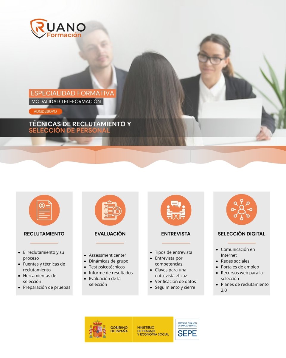 RuanoFormacion's tweet photo. ¿Todo lo que implica un proceso de selección? Con ADGD260PO – Técnicas de Reclutamiento y Selección de Personal aprenderás sobre:

· Reclutamiento y pruebas
· Entrevistas por competencias
· Reclutamiento 2.0
· Derecho laboral y contratación

#RRHH #Reclutamiento #Formación https://t.co/VwpJDNDsDE