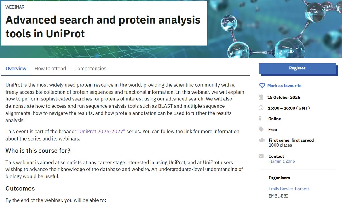 uniprot's tweet photo. New UniProt Webinar – Join us to learn about advanced search and protein analysis tools in UniProt.
Thursday 15th October 15.00 (BST) 
Registration is free but essential: https://t.co/kKlpVi6yBV https://t.co/gRJLc8ow2F