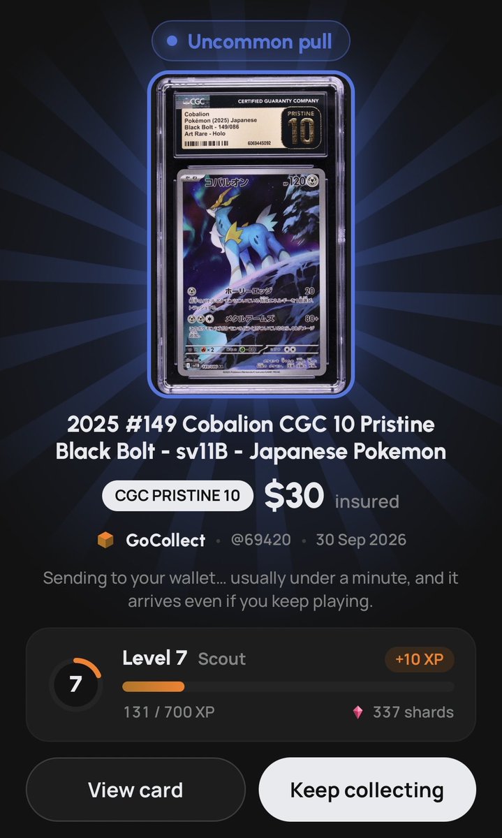 69420xyz's tweet photo. Yessir buddy lets fuckin goo!! 🔥

5th @gocollectfun crate of the day and I pulled this beauty 📦 

2025 
#149 Cobalion 
CGC 10 Pristine Black Bolt - sv11B https://t.co/oaS8XdzLWA