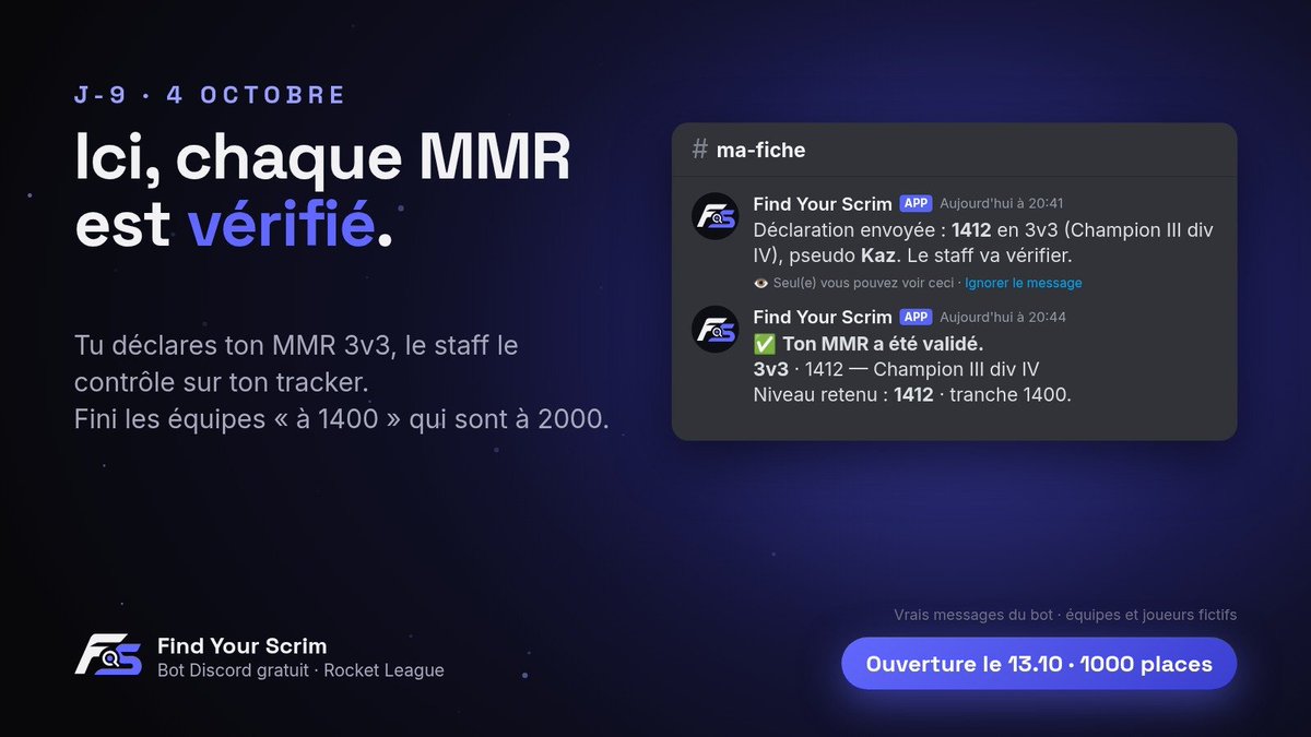 FindYourScrim's tweet photo. « On est 1400 »… et en face c'est du 2000 😭

Ici, chaque MMR 3v3 est vérifié par le staff sur ton tracker. Des scrims à ton vrai niveau.

Ouverture le 13/10

#RocketLeague #Esport https://t.co/RGA88BbD3N
