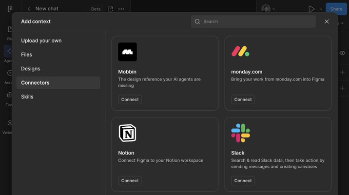 A screenshot of Figma's 'Add context' panel displaying connector options including Mobbun, monday.com, Notion, and Slack with their respective descriptions and Connect buttons.