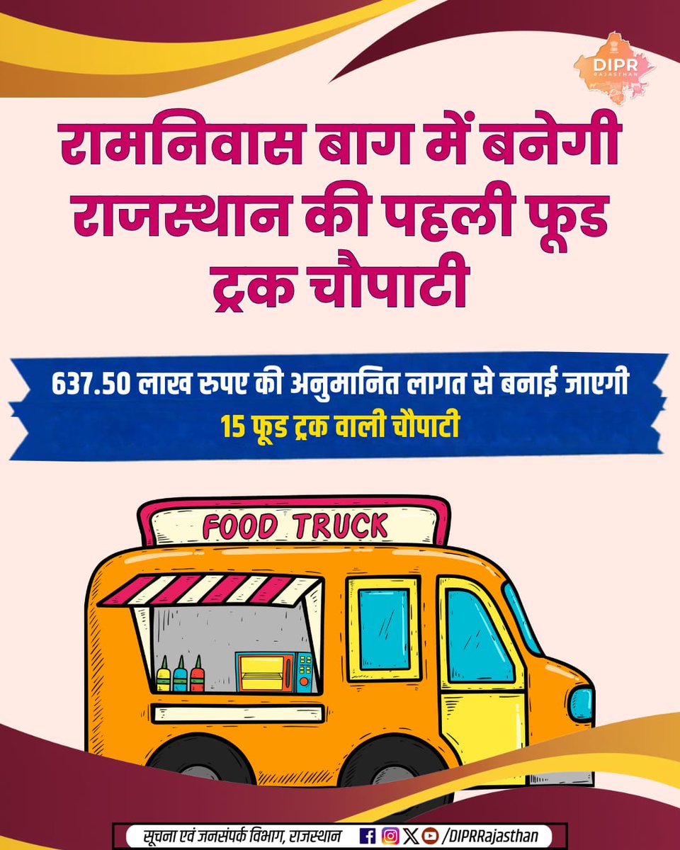DIPRRajasthan's tweet photo. रामनिवास बाग में बनेगी राजस्थान की पहली फूड ट्रक चौपाटी..

 राजस्थान में अपनी तरह की पहली 15 फूड ट्रक वाली चौपाटी...
 अनुमानित लागत: 637.50 लाख रुपए...   

राजस्थान की हर नई पहल, हर नवाचार और हर जनकल्याणकारी योजनाओं की जानकारी के लिए फॉलो करें @DIPRRajasthan

@BhajanlalBjp
@KumariDiya 
@DrPremBairwa
@RajCMO 
@RajGovOfficial 

#RamnivasBagh #FoodTruck #FoodTruckChowpatty #RajasthanTourism #DIPRRajasthan
