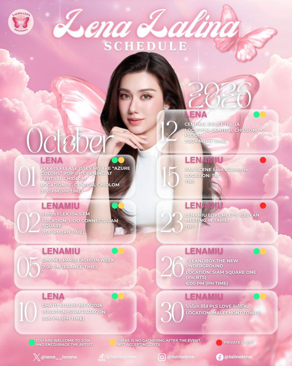 lalinalenaph's tweet photo. 𝗟𝗮𝗹𝗶𝗻𝗮 𝗟𝗲𝗻𝗮’𝘀 𝗢𝗰𝘁𝗼𝗯𝗲𝗿 𝟮𝟬𝟮𝟲 𝗦𝗰𝗵𝗲𝗱𝘂𝗹𝗲 🗓️

Gumberbears and Lalinettes! ✨

A new month means a new schedule! Here’s Lena Lalina’s Calendar of Events for October 2026! Let’s tune in and continue showing Lena our love and overflowing support for all her activities this month! 🦋🩷

📌 This schedule is subject to change. Make sure to keep your notifications on and stay tuned for further updates.

📌 DISCLAIMER: The “Made with AI” label is misleading. This pubmat was manually designed by our creative team using Canva, not AI-generated. Proof below.

#LalinaLena #ลีน่าลลินา