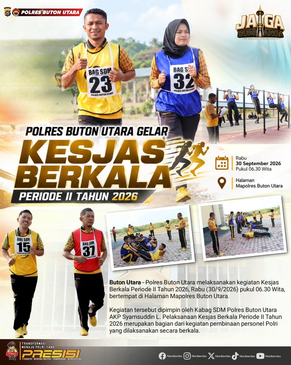 PolresButur's tweet photo. Polres Buton Utara Gelar Kesjas Berkala Periode II Tahun 2026
.
.
#JagaBumiAnoa #KesjasBerkala #PembinaanPersonel #PolriPresisi #PolriUntukMasyarakat #PolresButonUtara #PolisiHumanisPresisi #DivHumasPolri #BidHumasPoldaSultra https://t.co/MJpDgqklxO