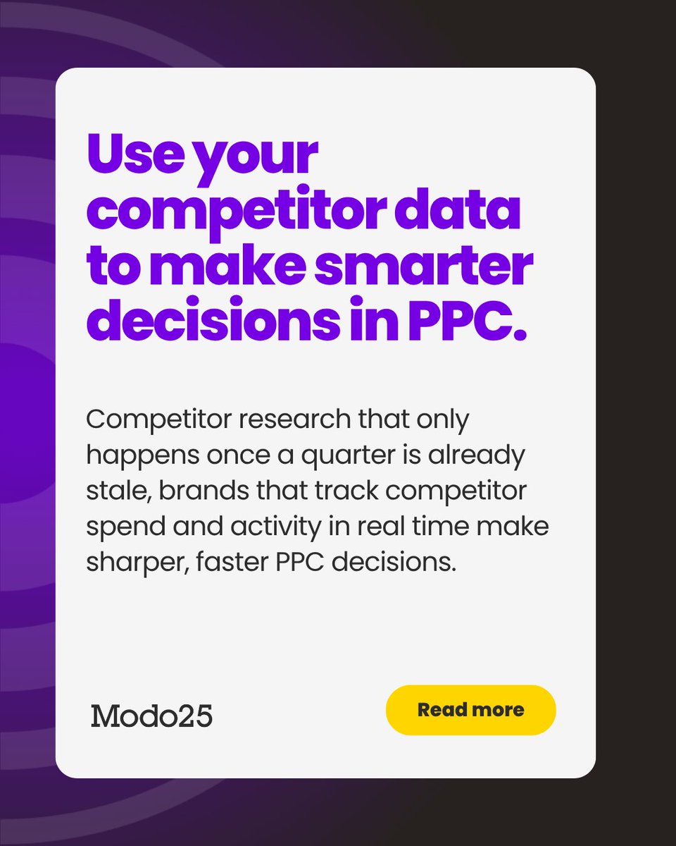 InModo25's tweet photo. Still checking on your PPC competitors once a quarter? By the time you've reviewed it, it's out of date.

Most brands treat competitor research as a box-tick exercise, a snapshot that tells you nothing about what's happening in the auction right now. 

https://t.co/3ubjNNZTpT https://t.co/bY8bKa1fcQ