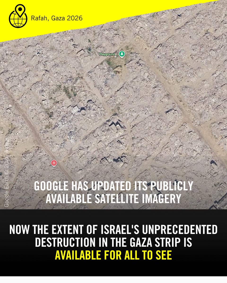 amnesty's tweet photo. Over the past three years multiple organizations including Amnesty, UN bodies and scholars have highlighted the unprecedented levels of destruction inflicted by Israeli forces in the occupied Gaza Strip.
 
Now Google has updated the publicly available images for some neighbourhoods to February 2026 and the horrifying extent of this destruction is available for all to see. The chilling satellite imagery shows entire neighbourhoods across the Gaza Strip have been completely wiped out. 
 
According to the UN Satellite Centre (UNOSAT) around 82% of all structures in the Gaza Strip have been damaged and two thirds of these destroyed in an area less than half the size of New York City. At least 1.4 million Palestinians in Gaza have been displaced and grapple with harsh living conditions.
 
These scenes of destruction are a chilling testament to Israel’s ongoing campaign of systematic wanton destruction in Gaza documented by Amnesty.
 
The sheer scale of the devastation points to a deliberate pattern by Israeli authorities of razing civilian areas and rendering them uninhabitable as part of their ongoing genocide against Palestinians in Gaza. This must end now.
 
Israel must allow shelter and reconstruction material and equipment into Gaza and ensure people internally displaced can return to their lands, including to areas behind the so-called yellow line.