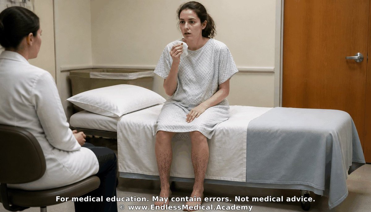 EndlessMedical's tweet photo. Let's study together! Can you solve this question?

Category: Nephrology: Kidney Disease Diagnosis and Management > Glomerulonephritis: Causes, Diagnosis, and Management > Drug-Induced Glomerulonephritis

A 21-year-old woman is admitted with 3 weeks of fatigue, ankle swelling, tea-colored urine, and progressive exertional dyspnea. During the past 2 days, she has developed blood-streaked sputum. Her military problem list says “giant cell arteritis,” but subsequent rheumatology records document Takayasu arteritis with renal artery involvement and hypertension. She also has protein S deficiency and had an unprovoked deep venous thrombosis at age 17. Current medications are hydralazine, amlodipine, low-dose prednisone, and warfarin. She has taken hydralazine continuously for 18 months. She has no known allergies. She previously used methamphetamine but stopped 2 years ago and denies cocaine use. She follows a vegan diet, lives with her spouse, and completed a brief period of military service. Her father had a deep venous thrombosis, but there is no family history of kidney disease or systemic autoimmune disease.

Prior records show that fluorescein angiography demonstrated delayed retinal arterial filling and peripheral nonperfusion. During an earlier arteritis flare, the erythrocyte sedimentation rate was 74 mm/h (normal: 0–20 mm/h) and C-reactive protein was 6.1 mg/dL (normal: <0.5 mg/dL). Next-generation sequencing identified a pathogenic PROS1 variant. An indium-111 leukocyte scan obtained during a previous fever evaluation showed no focal uptake, and a lipid panel was within its laboratory reference intervals.

Her pulse is 107/min, temperature is 37.6°C, respiratory rate is 20/min, blood pressure is 156/88 mm Hg, and oxygen saturation is **91% on room air**. She has pale conjunctivae, **fine bilateral inspiratory crackles**, **nonblanching palpable purpura over both shins**, and mild bilateral ankle edema. There is no sinus tenderness, nasal ulceration, oral ulceration, or active synovitis. Mild comedonal acne is present on her forehead.

The hemoglobin is **8.9 g/dL (normal: 12.0��16.0 g/dL)**, white blood cell count is 10.6 K/µL (normal: 4.0–11.0 K/µL), and blood urea nitrogen is **44 mg/dL (normal: 7–20 mg/dL)**. Serum creatinine has increased from 0.8 mg/dL (normal: 0.5–1.1 mg/dL) 2 months ago to **3.1 mg/dL (normal: 0.5–1.1 mg/dL)**. The international normalized ratio is 2.4 (normal without anticoagulation: 0.8–1.1; therapeutic goal: 2.0–3.0). Urinalysis shows **3+ blood (normal: negative)** and **2+ protein (normal: negative)**. Microscopy shows **70 erythrocytes/high-power field (normal: 0–2/high-power field), dysmorphic erythrocytes, and erythrocyte casts (normal: absent)**. The urine protein-to-creatinine ratio is 1.8 g/g (normal: <0.2 g/g).

Serologic testing shows a perinuclear ANCA titer greater than 1:640 (normal: <1:20), **MPO-ANCA greater than 8.0 AI (normal: <1.0 AI)**, and **PR3-ANCA 2.3 AI (normal: <1.0 AI)**. The antinuclear antibody titer is 1:640 (normal: <1:80), anti-histone antibody is 4.2 U (normal: <1.0 U), C3 is 62 mg/dL (normal: 90–180 mg/dL), and C4 is 8 mg/dL (normal: 10–40 mg/dL). Anti-double-stranded DNA antibody is 4 IU/mL (normal: <10 IU/mL), and anti-glomerular basement membrane antibody is 0.2 AI (normal: <1.0 AI). A chest radiograph shows bilateral patchy airspace opacities without cardiomegaly. Kidney ultrasonography shows normal-sized kidneys without hydronephrosis. Warfarin is held, and after the international normalized ratio reaches 1.1 (normal: 0.8–1.1), an ultrasound-guided biopsy of the left native kidney shows **necrotizing and crescentic glomerulonephritis**. Immunofluorescence shows only sparse mesangial IgG and C3 staining, without linear IgG or a full-house pattern.

Which diagnosis best explains her acute kidney and pulmonary findings?

🎬 Watch the video explanation: https://t.co/8jeLYn6k2j

Visit https://t.co/IEmahwcKpW for the answer and detailed explanation. Access requires a valid US NPI (licensed healthcare providers only).

Dig deeper on this topic at https://t.co/ofNUUCifgT, where multiple AI models debate, cross-check references, and verify calculations to give you the most updated and accurate medical information with minimal hallucinations and errors.

Further reading:

1. KDOQI US Commentary on the KDIGO 2024 Clinical Practice Guideline for the Management of Antineutrophil Cytoplasmic Antibody-Associated Vasculitis - (2026) - by Salem J. Almaani, Is...
Confidence: 100%
Educational value: Supports understanding of the medical concepts in the question.
https://t.co/CHgSFfsYgI

2. Anti-neutrophil cytoplasmic antibody associated glomerulonephritis complicating treatment with hydralazine - Kidney International - (2021) - by Dominick Santoriello...
Confidence: 100%
Educational value: Supports understanding of the medical concepts in the question.
https://t.co/Ynmv9Wj0ZL

Links to sources are provided for optional further reading only.

Verified, approved and authored using AI by Lukasz Kiljanek MD, board-certified in Internal Medicine, Nephrology and Hypertension
*For medical education. May contain errors. Intended for licensed healthcare professionals & educators. Not medical advice. Full disclaimer: https://t.co/d57C8xdFf2