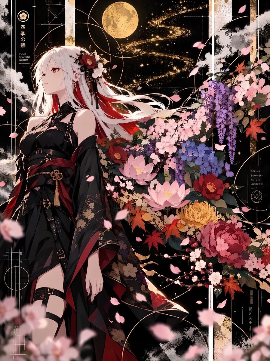 NanameNanameumh's tweet photo. ギリギリ滑り込みですが、
よろしくお願いいたします🙇‍♀️

#AIFUSIONFESイラストコンテスト

四季の華
日本を彩る四季折々の華。
それを金の月と合わせて鮮やかに描いてみました。 https://t.co/LZmSnIsVCS