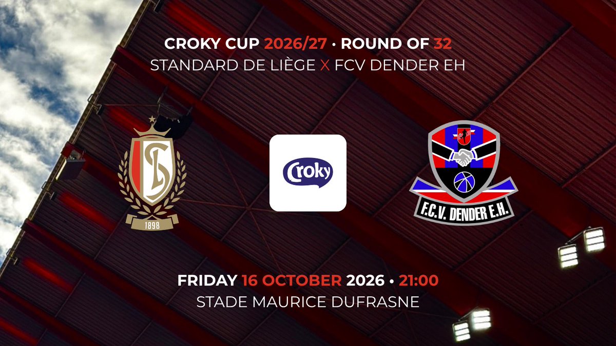 ACDStandard's tweet photo. 🔴 Le Standard recevra Dender à Sclessin en seizième de finale de la Coupe de Belgique, le vendredi 16 octobre à 21h.

🔴 Standard ontvangt Dender op vrijdag 16 oktober om 21 uur op Sclessin in de zestiende finales van de Beker van België.

#CrokyCup | #RSCL https://t.co/H8JApAwGDA