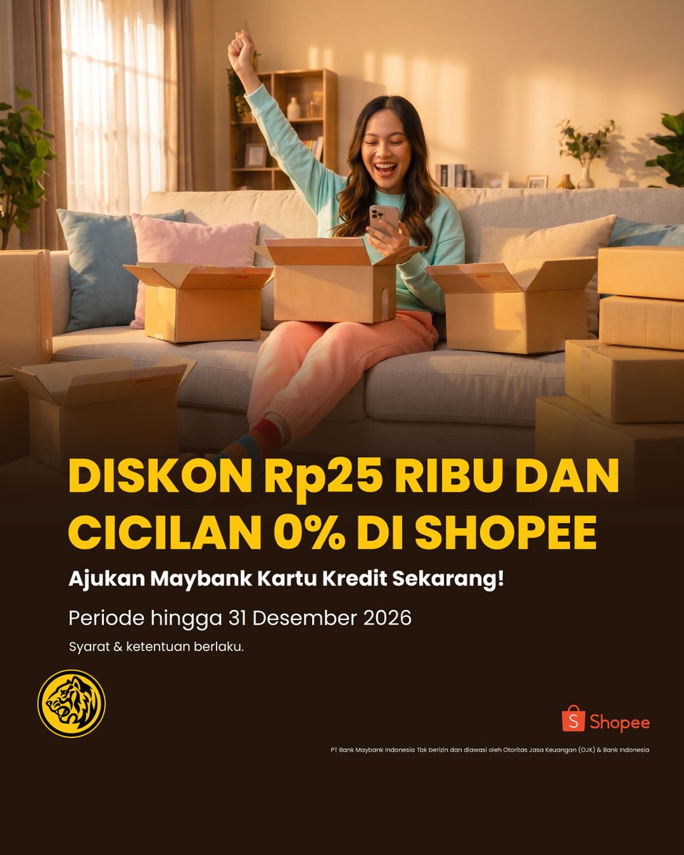 MaybankID's tweet photo. Penuhi berbagai kebutuhan Anda di Shopee. Check out keranjang belanja dan gunakan Maybank Kartu Kredit Mastercard®
Periode hingga 31 Desember 2026
Info https://t.co/2m9SBy4Yf7
Mau tau promo lainnya? Cek di https://t.co/CNNPndYTbI
Syarat & ketentuan berlaku
#Maybank #MaybankOffers