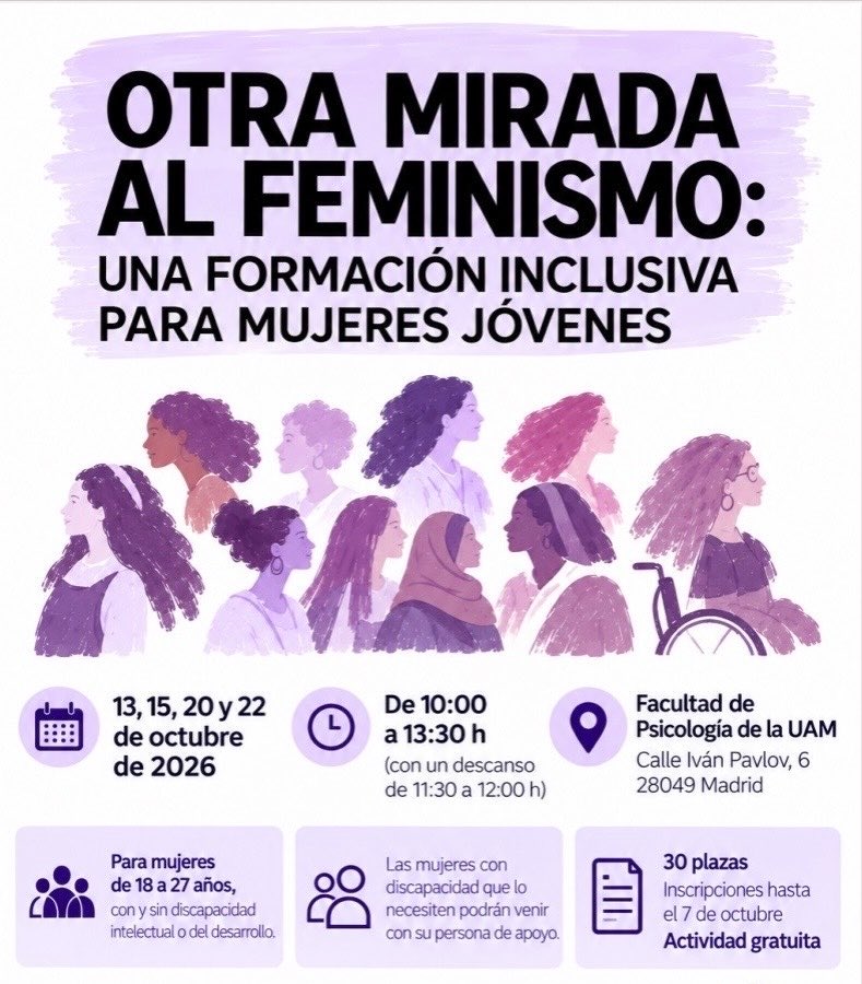 PlenaMadrid's tweet photo. 💜 Apúntate ya a ‘Otra mirada al feminismo’, un espacio para aprender, compartir y reflexionar sobre feminismo, igualdad y derechos de las mujeres.

🚺 Hablaremos de sexualidad, género, violencia, diversidad, salud mental, arte y mucho más.

📅 13, 15, 20 y 22 de octubre
⏰ 10.00 - 13.30h 
📍 Facultad de Psicología @UAM_Madrid 

👉 Reserva tu plaza aquí: https://t.co/VsWjyDdbfJ
