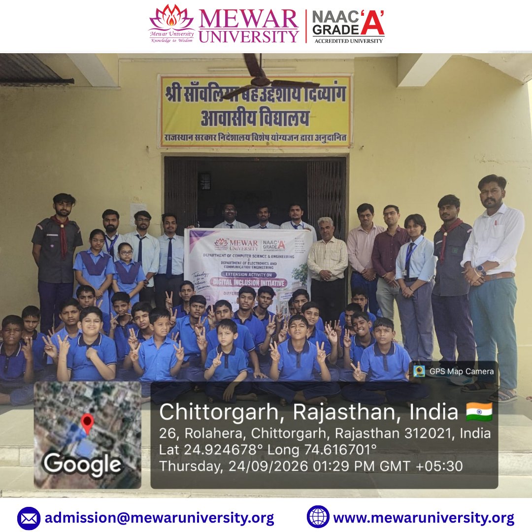 universitymewar's tweet photo. 💻✨The Departments of Computer Science & Engineering and Electronics & Communication Engineering, #MewarUniversity, conducted a #DigitalInclusion Initiative at Shree Sanwaliya Bahuudeshya Divyang School, Chanderiya, Chittorgarh on 24 September 2026.
#TechnologyForAll https://t.co/h34vOuw0sr