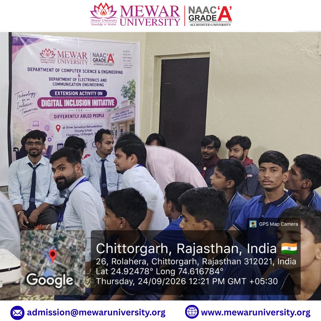 universitymewar's tweet photo. 💻✨The Departments of Computer Science & Engineering and Electronics & Communication Engineering, #MewarUniversity, conducted a #DigitalInclusion Initiative at Shree Sanwaliya Bahuudeshya Divyang School, Chanderiya, Chittorgarh on 24 September 2026.
#TechnologyForAll https://t.co/h34vOuw0sr